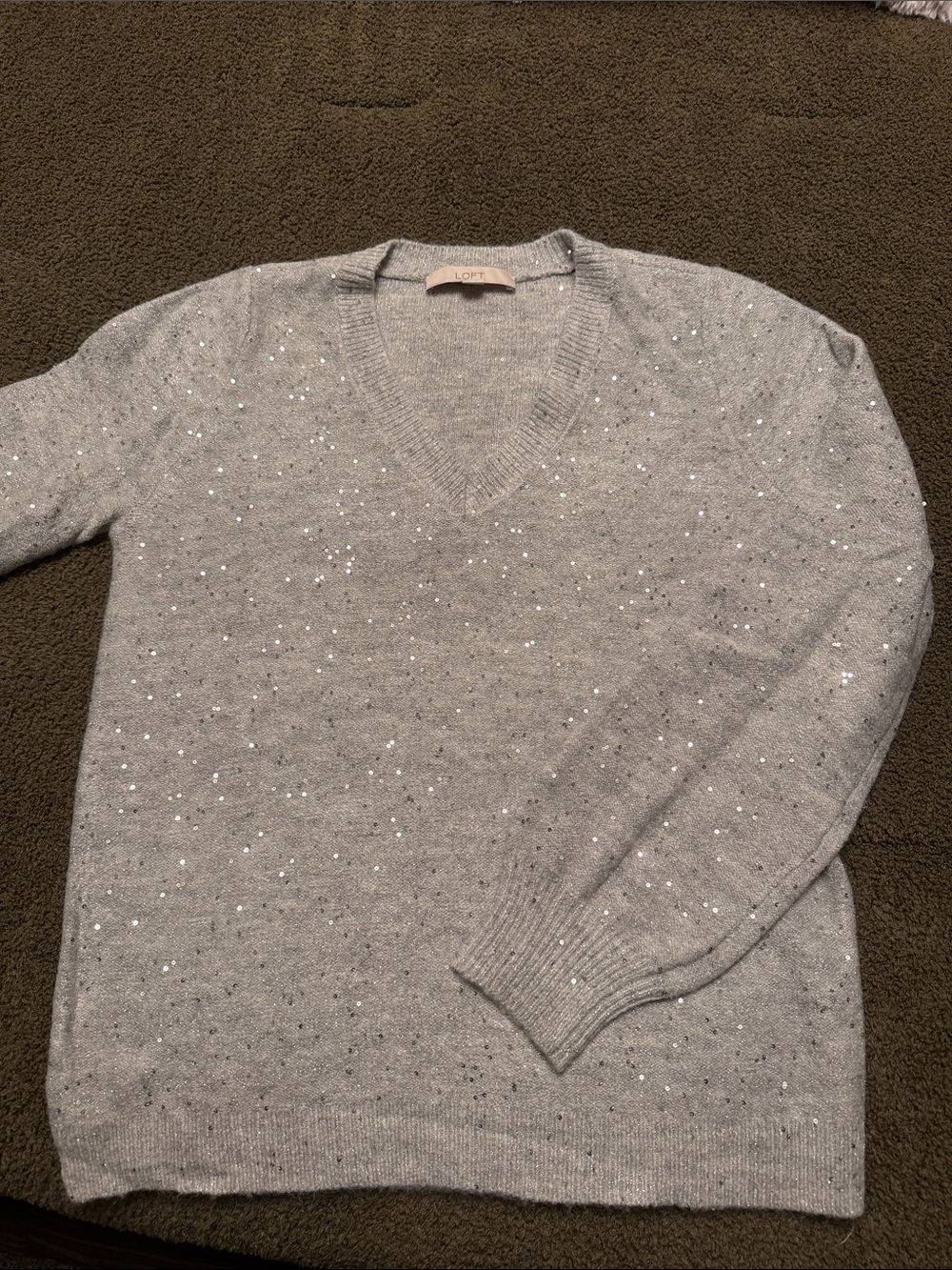 LOFT Women’s Light Gray V-Neck Sweater with Sequin Detail